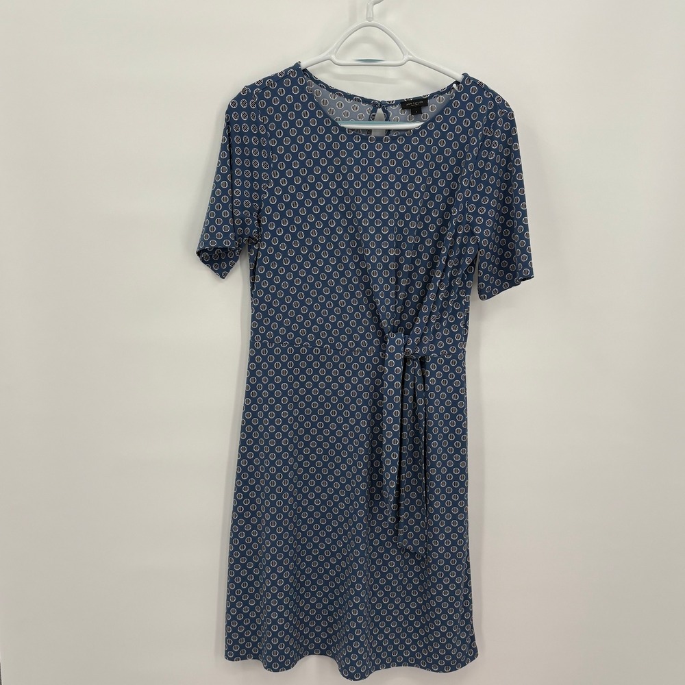 Ann Taylor Factory Blue Geometric Circle Print Front Tie Waist Knit Dress S